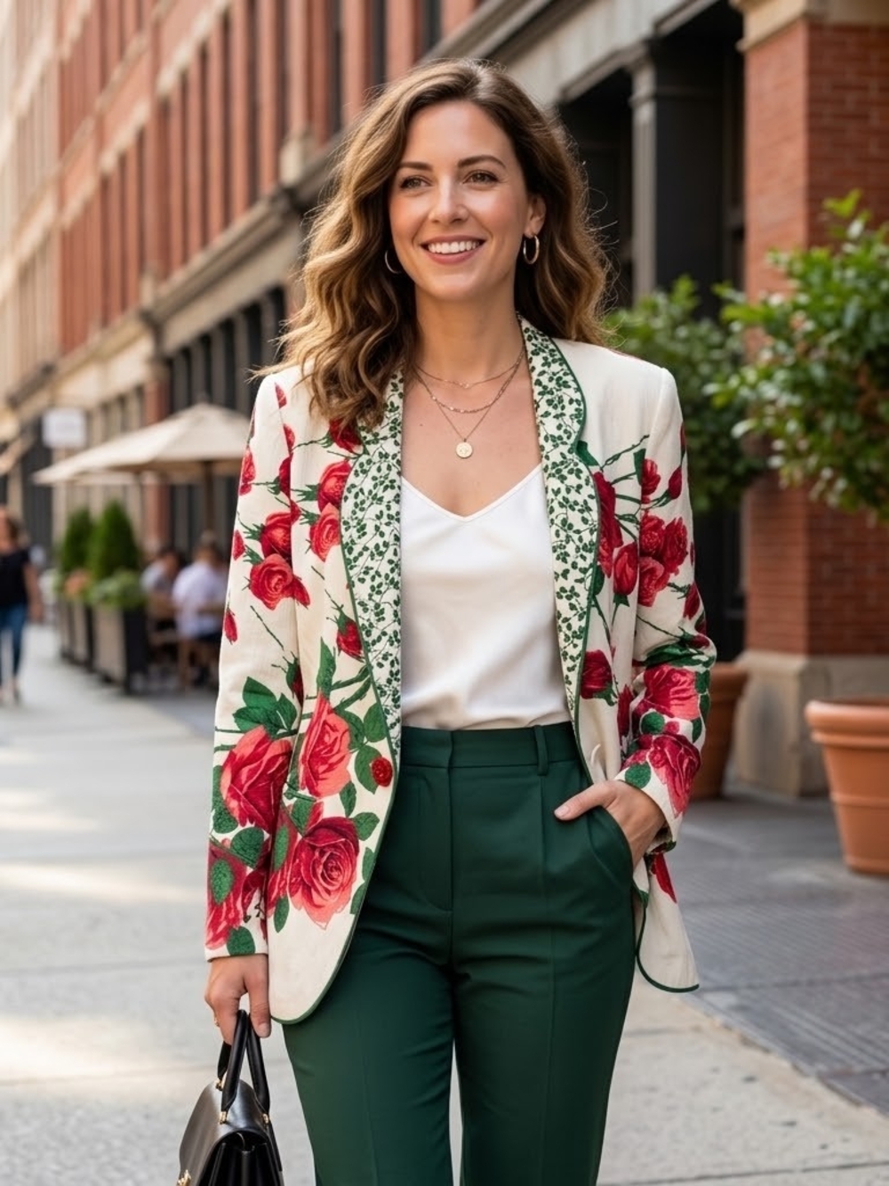 Floral Embroidered Cream Blazer with Red Roses Size M